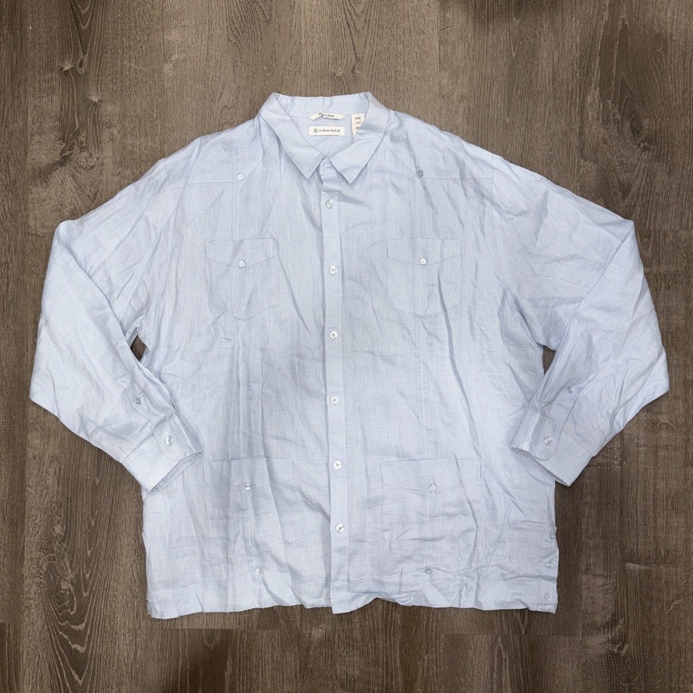 Cubavera Guayaberas Shirt Men's XXL Blue 100% Linen Long Sleeve Beach Button Up